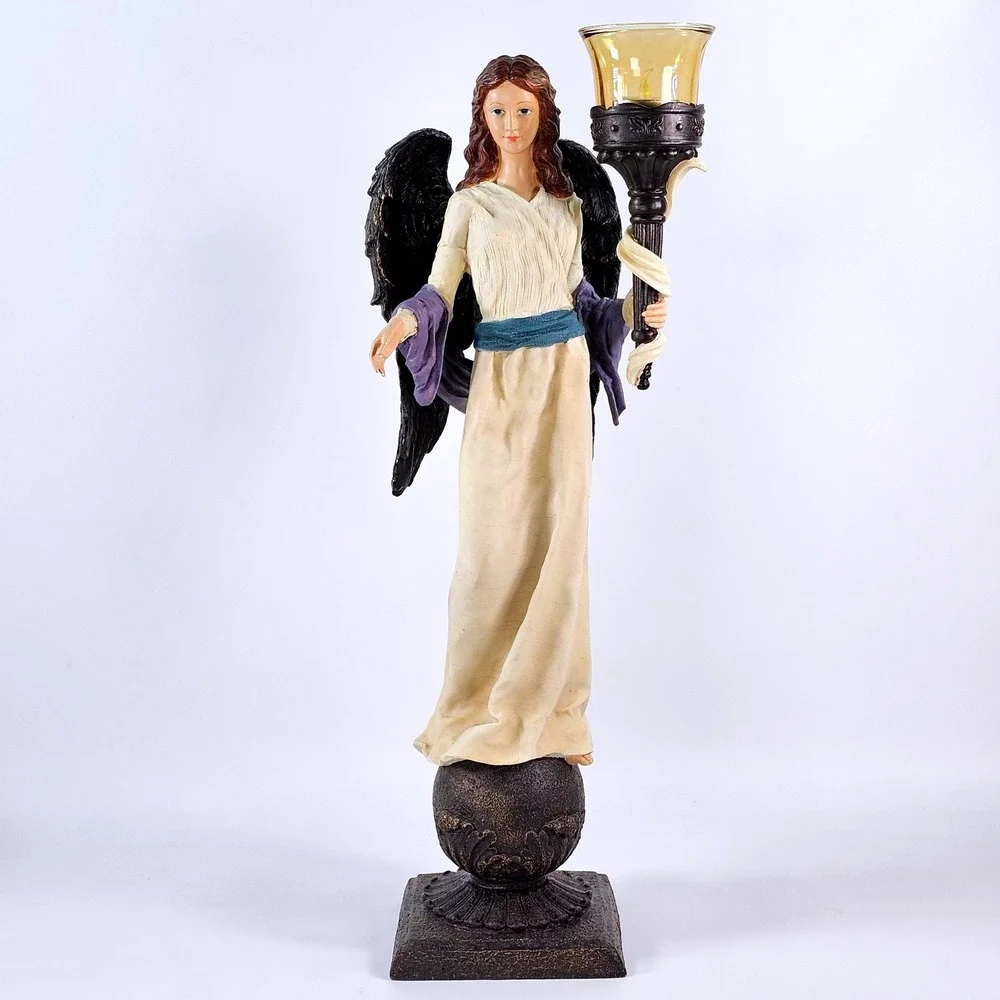 Angel Candleholder Statue with Amber Glass Votive Cup and Box 20.5 Inch 901581